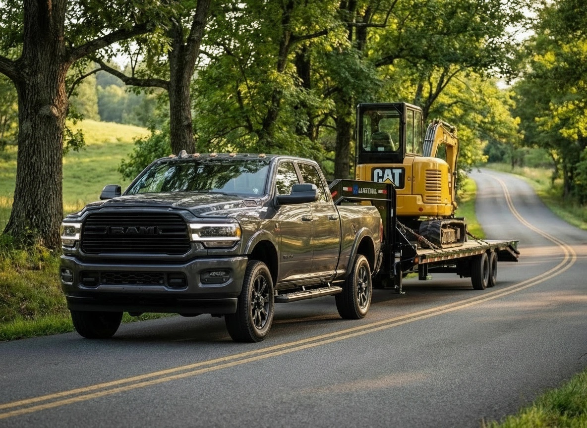 2025 Ram 2500 Big Horn towing CAT mini excavator on gooseneck trailer, Turbobrick Hauling hotshot freight, Virginia